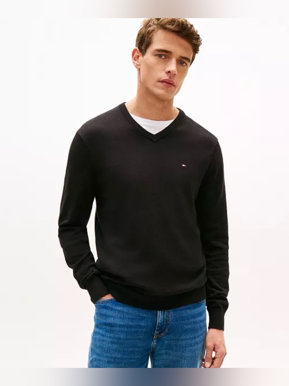 Tommy Hilfiger Men’s Essential Cotton V-Neck Sweater Black Sz L